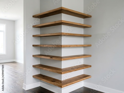 Modern interior design featuring empty wooden floating shelves mounted on a white corner wall in a bright room