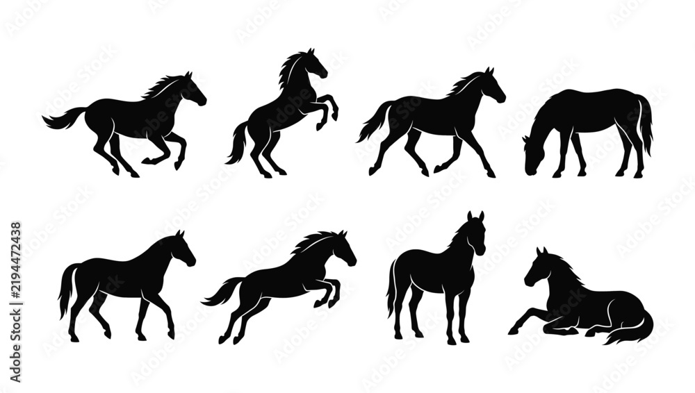Obraz premium Editable stroke a vector illustration of eight different horses in various poses, including galloping, rearing, grazing, walking, and lying down