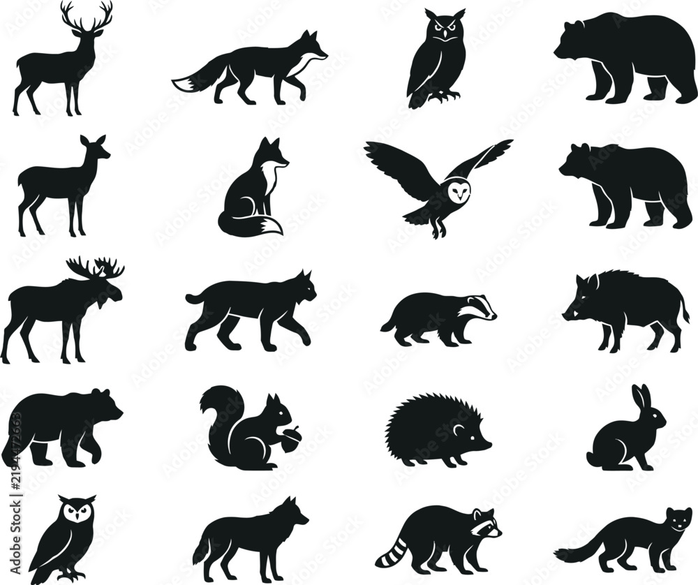 Fototapeta premium Wild Forest Animal Silhouettes Vector Set Deer Bear Fox Owl Wildlife Icon Bundle