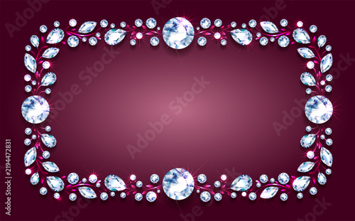 Frame realistic diamonds on a burgundy background. Rectangular/square template for a banner, poster, gift card, or invitation. Vector image.