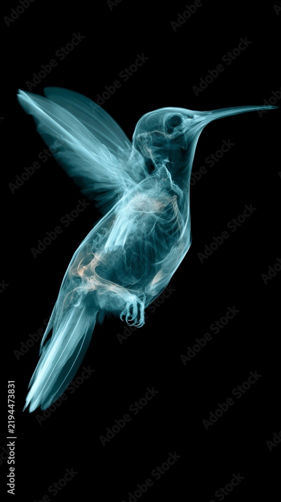 Fototapeta premium X-ray view of a hummingbird in flight showing intricate bone structure and feathers
