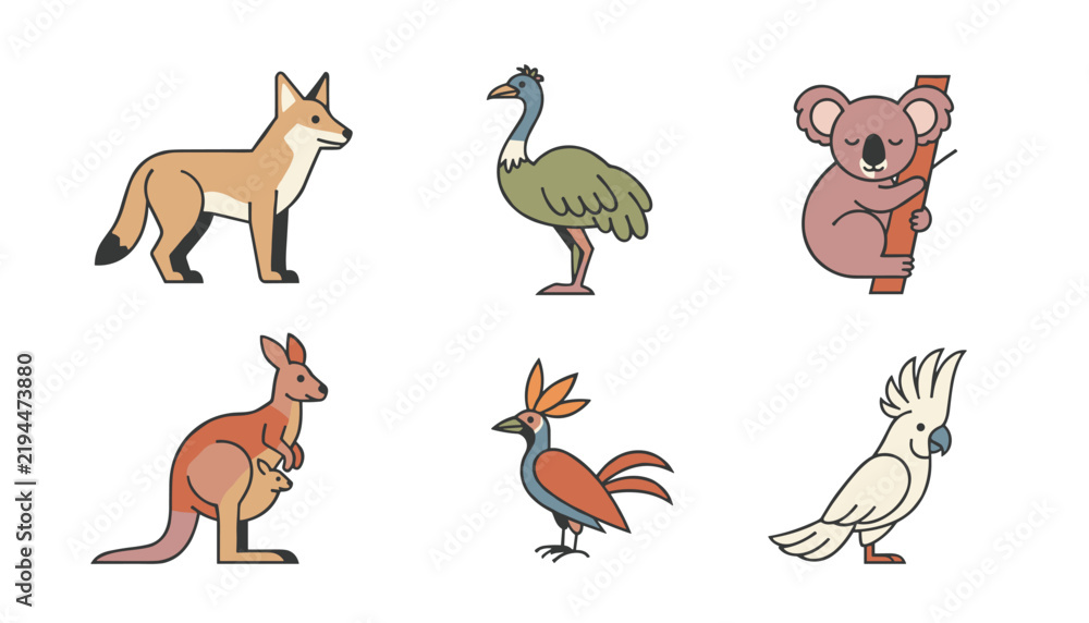 Obraz premium Collection of six Australian wild animals featuring dingo, emu, koala, kangaroo, lyrebird and cockatoo in flat style.