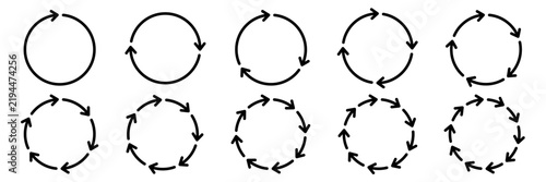 Circle arrows rotate, spinning, recycle, circular,, loading, redo, round, process, rotation icon set, button, logo, sign, symbol, line, black, flat vector. Circle arrow 1, 2, 3, 4, 5, 6, 7, 8, 9, 10.