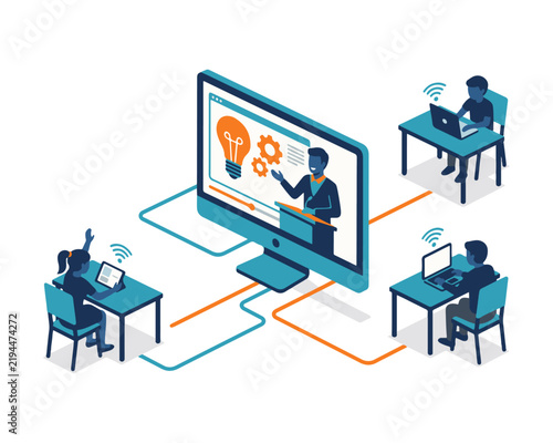 Virtual Classroom and Online Learning Illustration with Digital Education, Remote Students, Teachers and E-Learning Technology