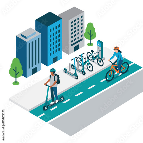 Urban Mobility and Micromobility Systems Illustration with Bicycles, Bike Lanes, Scooters and Sustainable Transportation