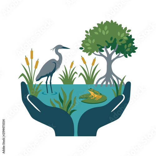 Wetland Conservation Illustration with Protected Ecosystem, Wildlife Habitat, Aquatic Plants and Environmental Protection