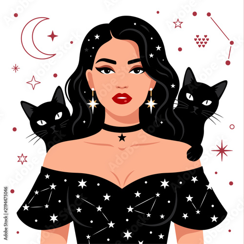 Mystical Woman with Black Cats Illustration Featuring Fantasy Beauty, Moon, Stars and Magical Feline Companions
