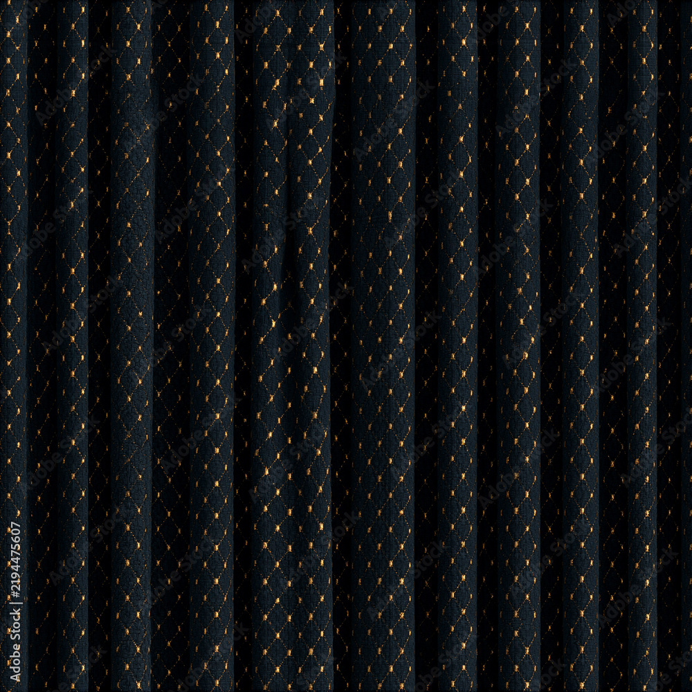 Obraz premium Seamless pattern dark blue fabric showing a rich pleated texture and intricate gold diamond pattern, creating an elegant textile background