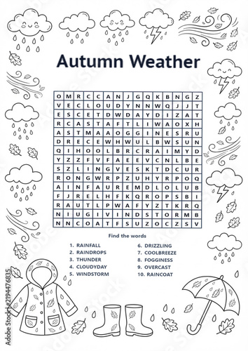 Autumn weather word search with rain and storm elements  
