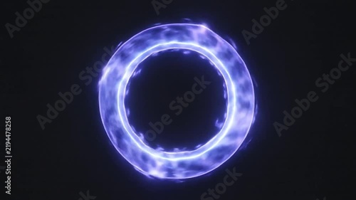 Cinematic video animation of a glowing blue energy ring with plasma-like motion and luminous edges against a dark background.