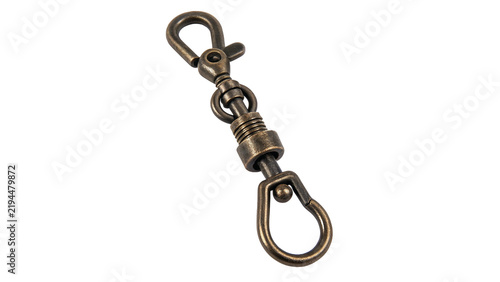 Metallic brass swivel eye snap hook hardware fastener isolated on transparent background.