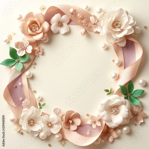 Soft pastel blooms and pearls frame a delicate, circular border