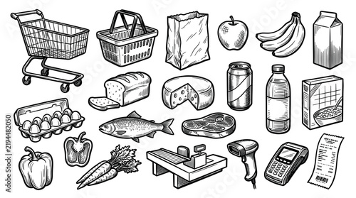 Various hand-drawn black and white grocery items, including food, shopping tools, and payment devices, arranged neatly on a clean white background