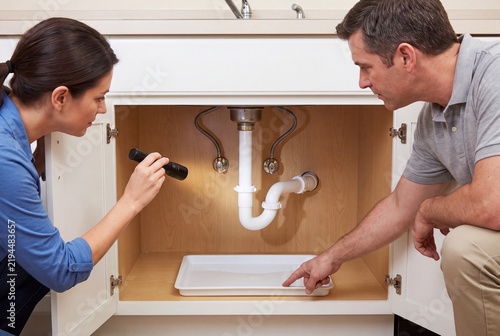 Tenant and property manager inspect plumbing under kitchen sink