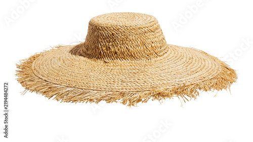 Quadro su tela Isolated natural straw sun hat with a wide, fringed brim perfect for summer fash