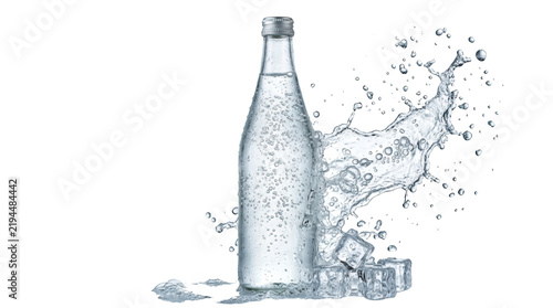 Glass bottle of sparkling water with ice isolated on transparent background