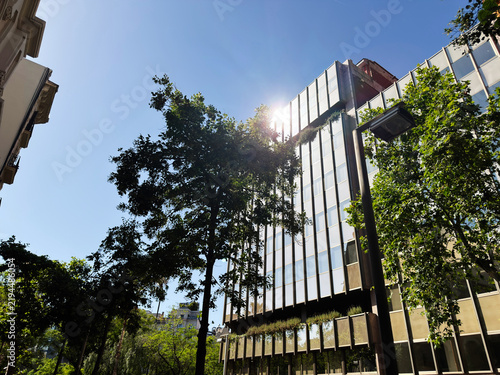Sunlit modern office building with glass facade and street trees in Barcelona, Spain under a clear blue sky