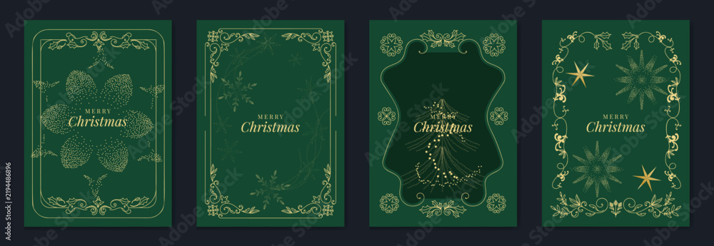 Obraz premium Merry Christmas and Happy New Year luxury vector card set with elegant gold line art, Christmas trees, gifts, ornaments and festive frames on dark green background.