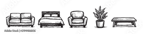 Hand-drawn sketch style set of various home furniture and decor items on a clean white background