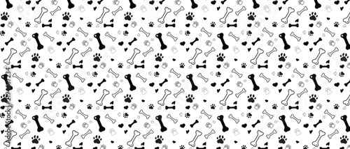 Pet paw print seamless pattern with bones and hearts cute animal background vector. 