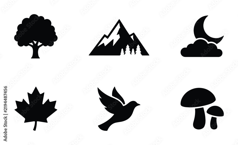 Fototapeta premium Nature Icons Set: Tree, Mountain, Moon, Leaf, Bird, Mushroom, Vector Graphics for Ecology and Outdoors