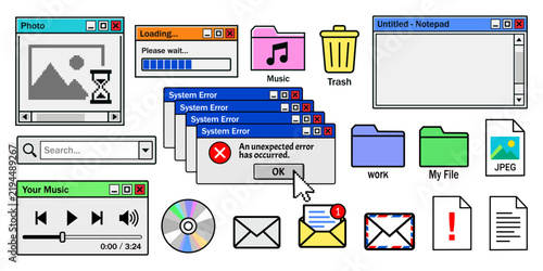 Retro operating system UI element bundle, classic 90s computer desktop interface set, vintage y2k error message popup window, old pixel icon design graphic collection.