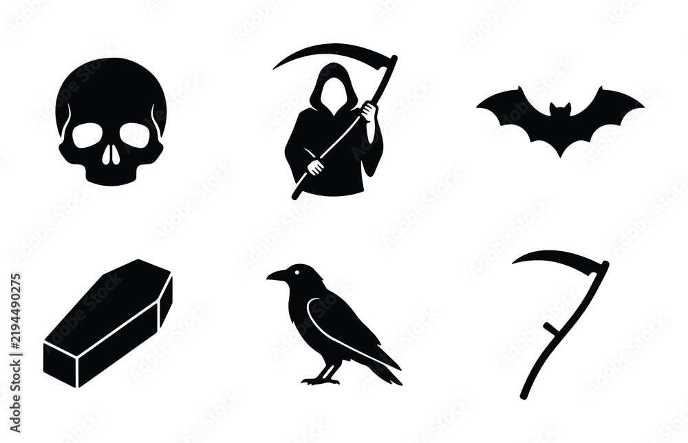 Fototapeta premium Halloween Icons: Grim Reaper, Skull, Bat, Coffin, Raven, Scythe Vector Set