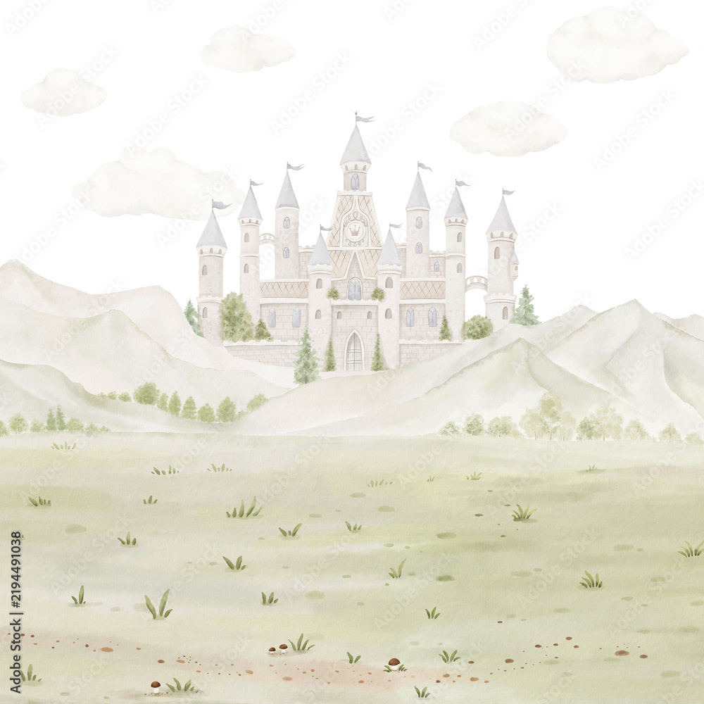 Obraz premium Watercolor landscape with green meadow, cute castle in the mountains on backdrop clouds. Square hand-drawn delicate template for your design wallpapers, cards, invitations, kids mural, print or poster