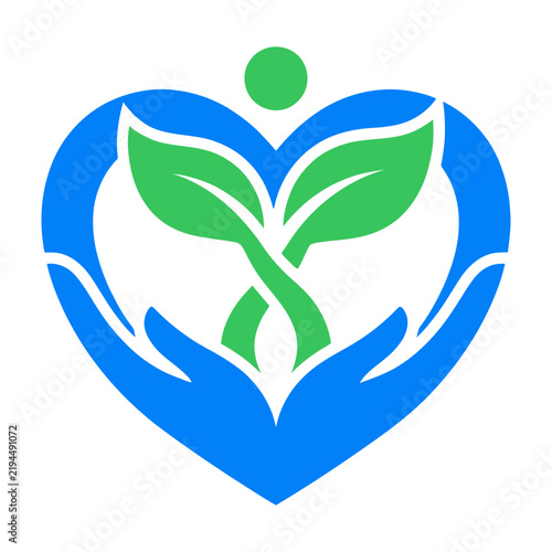 Green plant in heart shaped hands with leaves and blue heart outline on white background