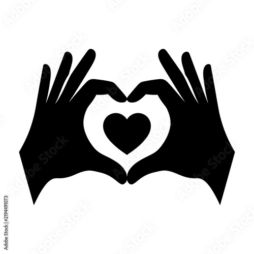 Heart shape formed by hands symbolizing love and affection in a simple black silhouette