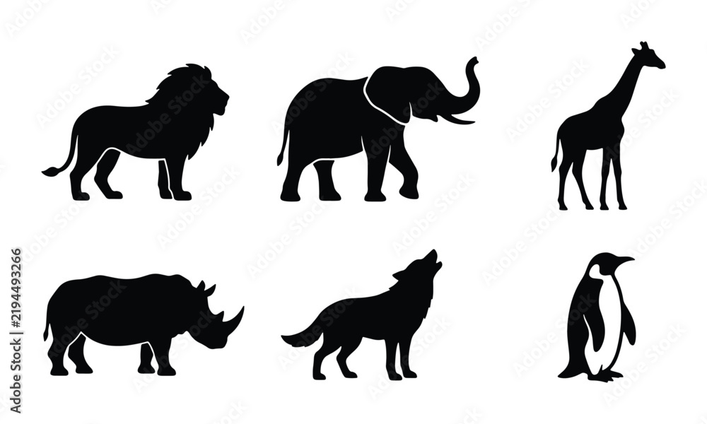 Obraz premium African Safari Wildlife Silhouettes: Lion, Elephant, Giraffe, Rhino, Wolf, Penguin Vector Icons