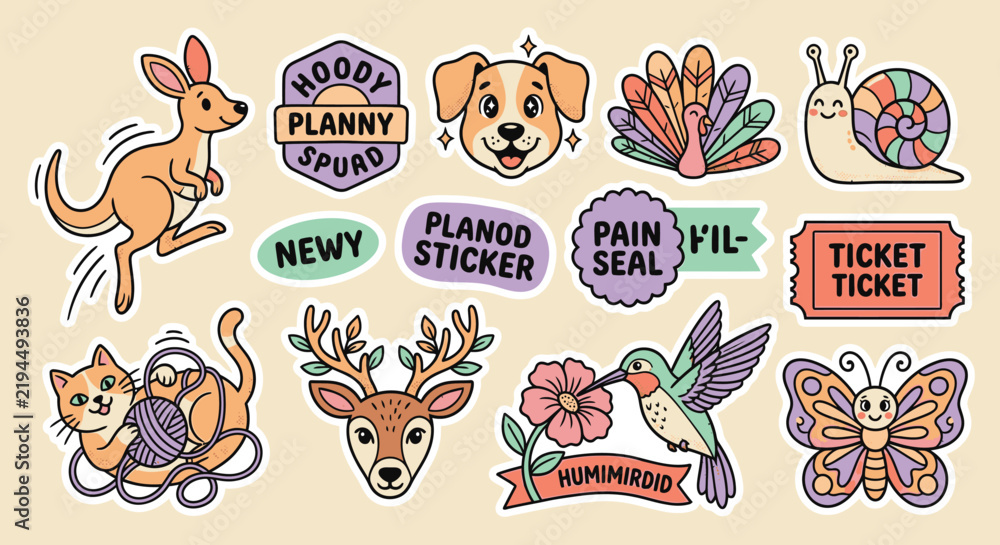 Obraz premium Vibrant sticker pack vector illustration featuring a jumping kangaroo, cute dog, colorful turkey, snail, cat with yarn, deer, hummingbird, and butterfly on a cream background.