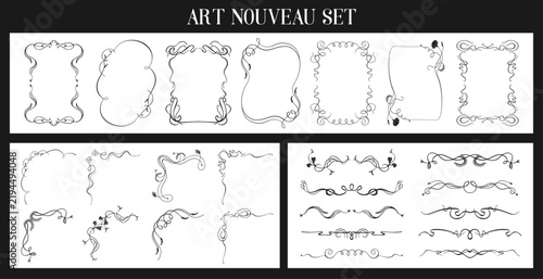 Vintage frame and divider, corner set. Ornate baroque floral border, elegant vignette and decorative text separator for greeting card, book page pattern design. Embellishment illustration collection
