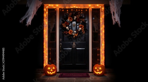 Festive Halloween front door decoration at night. Black entrance framed with orange lights, glowing pumpkins, a spooky skull wreath, and hanging ghosts. Autumn holiday home decor concept