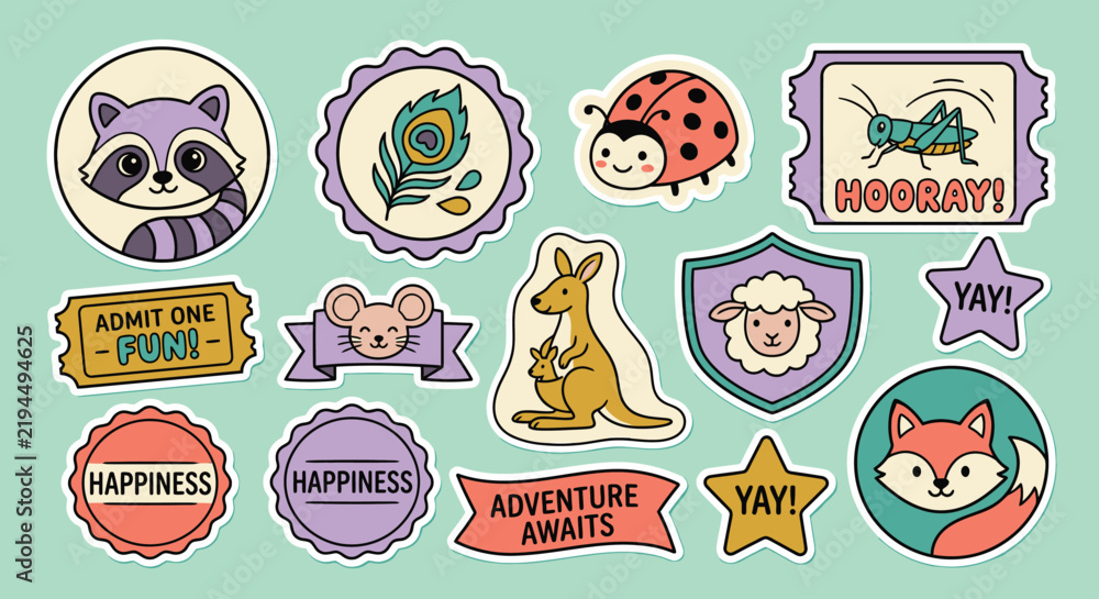 Fototapeta premium Cute Animal Sticker Set with Raccoon, Fox, Kangaroo, and Sheep Faces. Hand-Drawn Vector Illustration featuring Decorative Badges, Ticket Labels, and Playful Typography in Flat Pastel Colors.