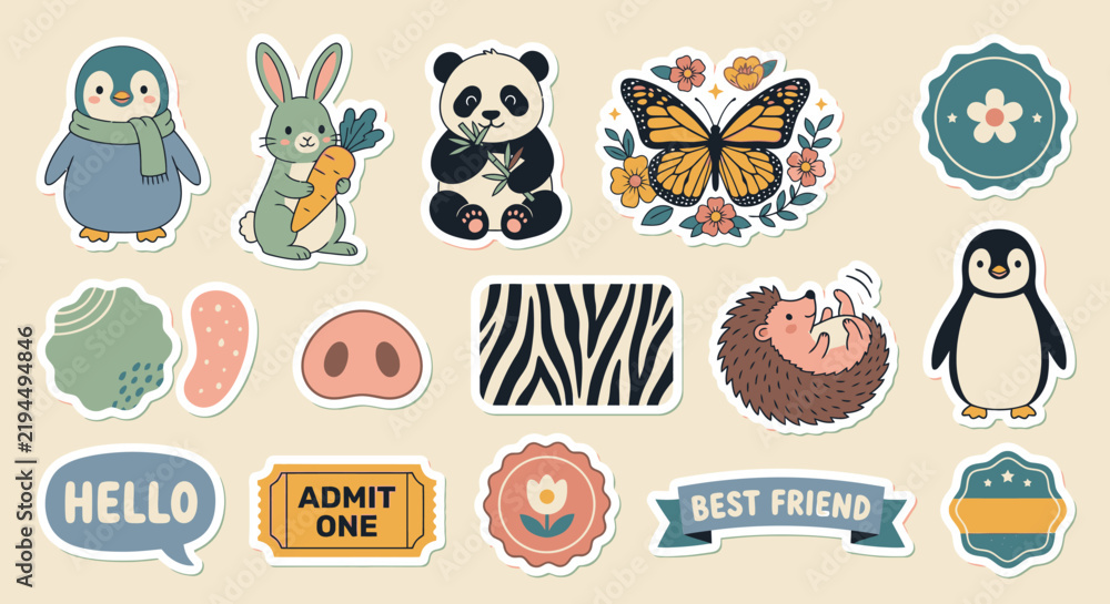 Fototapeta premium Cute vector sticker pack collection featuring hand-drawn baby penguin, rabbit with carrot, panda, butterfly, and hedgehog. Includes decorative badges, labels, and icons.