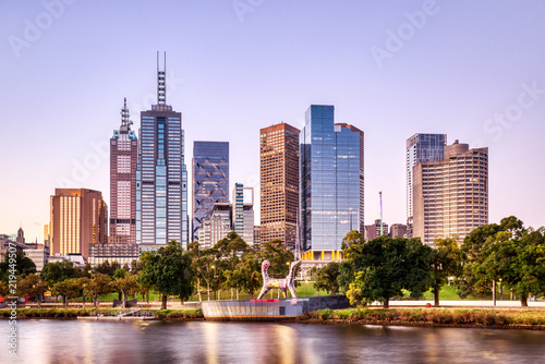 Melbourne Skyline at Twilight with City Lights Reflection in Yarra River