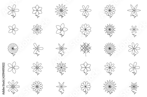 Flower outline icon set. Includes various botanical symbols, daisy, and floral shapes. Line art vector icons for garden design, nature branding, and organic cosmetics.