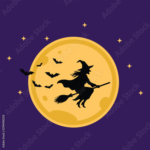 Spooky Halloween Background Featuring a Witch Flying on a Broom with Bats