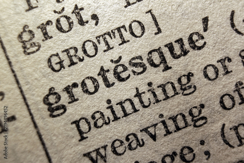 Word grotesque printed on dictionary page, macro close 