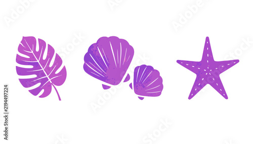 Tropical leaf seashells and starfish illustration in purple gradient tones