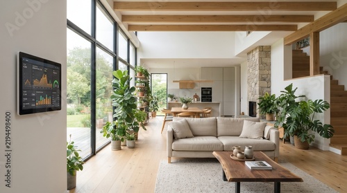 Smart home automation tablet on wall in modern living room, sustainable interior design with wood beams and plants, energy monitoring dashboard interface