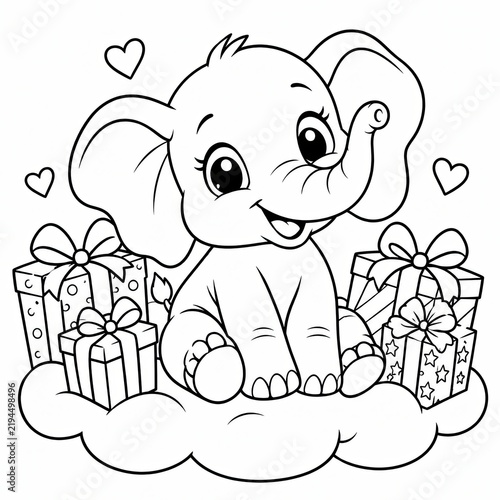 Cute baby elephant sitting with birthday gifts and hearts isolated on white background