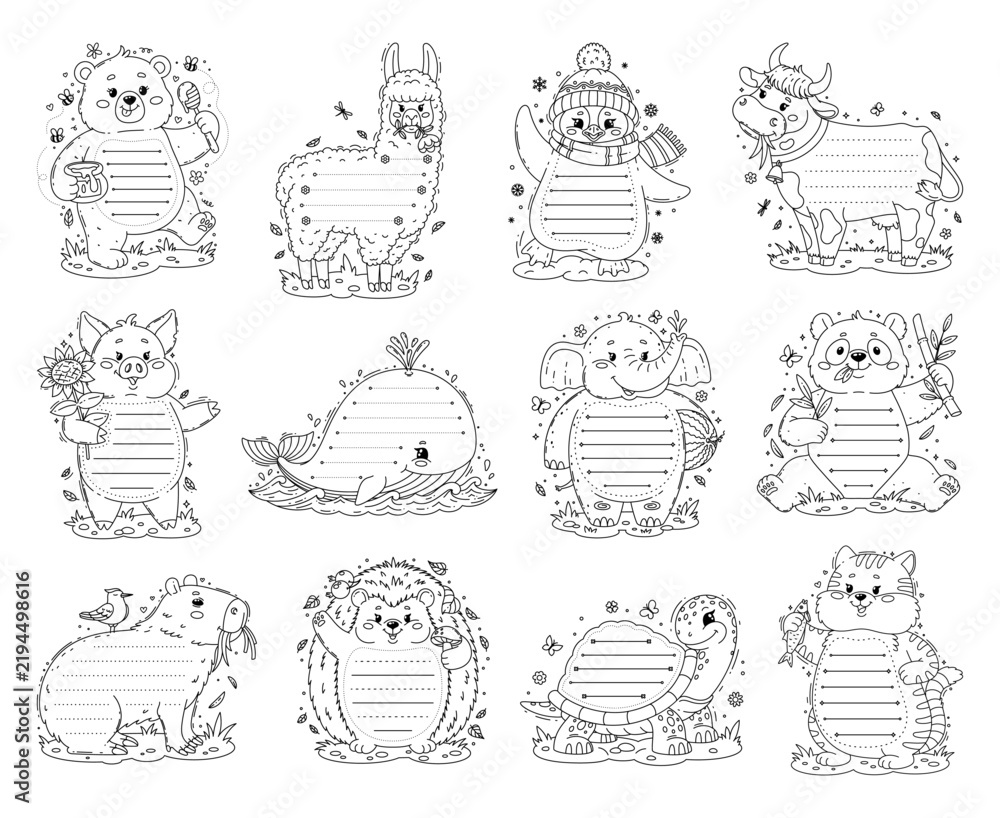 Fototapeta premium Kids memo notes set with funny cartoon animals and frames for message stickers. Cute animals as memo notes and adhesive sticky posts for daily agenda plan or to do list and task checklist or schedule