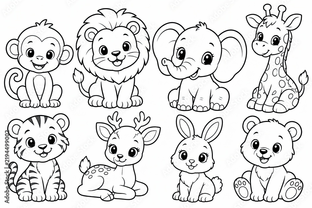 Fototapeta premium Cute cartoon animal characters collection for kids coloring book page line art design
