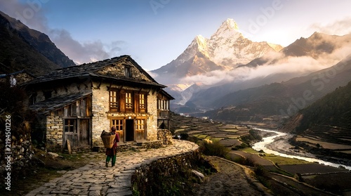 Authentic Nepalese Village in Himalaya Mountains at Golden Hour