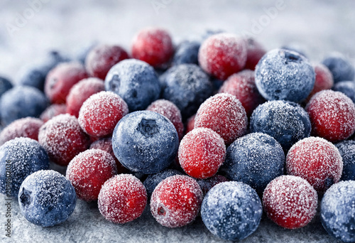 Freshly harvested blueberries and raspberries covered in frost on white surface