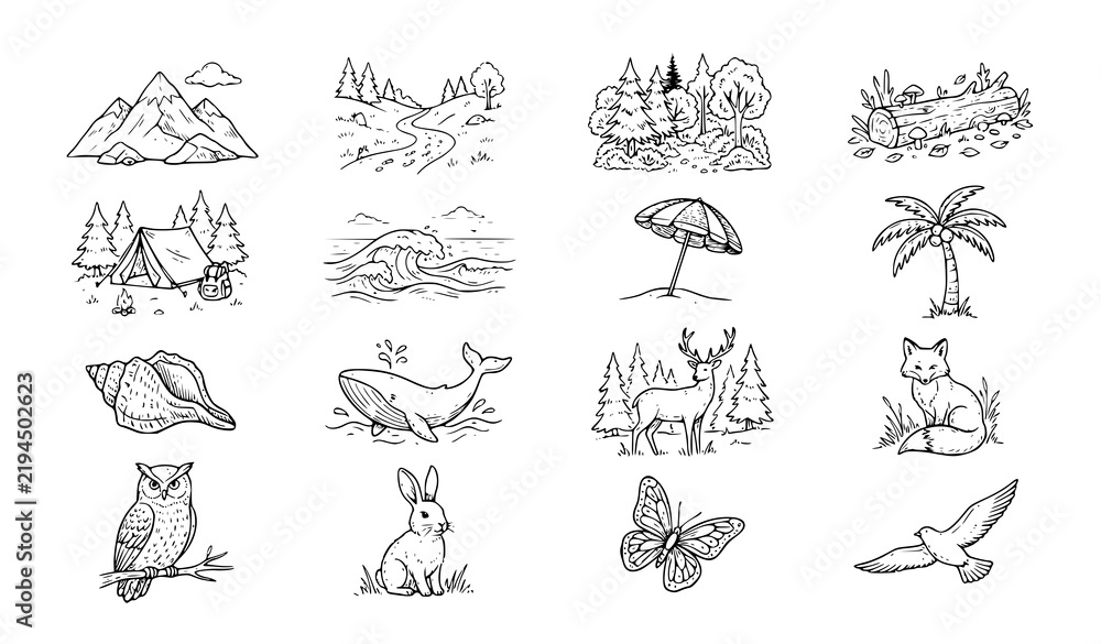 Fototapeta premium Hand Drawn Nature Doodle Icons for Mountains Forests Beaches and Wildlife