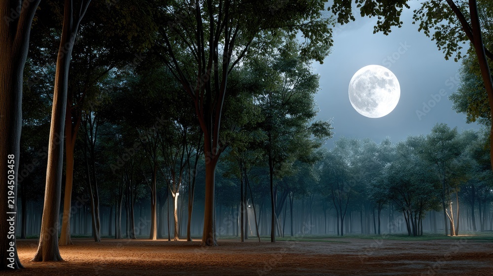 Obraz premium A bright moon casts silver light over a tranquil forest path, creating soft shadows among the tall trees on a calm night