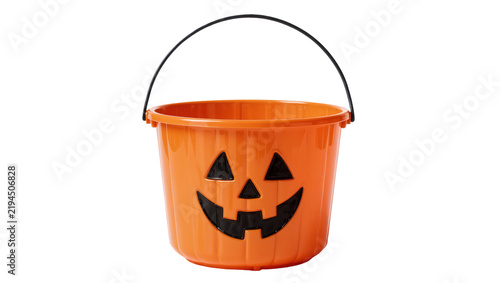 Fotografie Orange plastic jack-o-lantern bucket with black handle, isolated on transparent